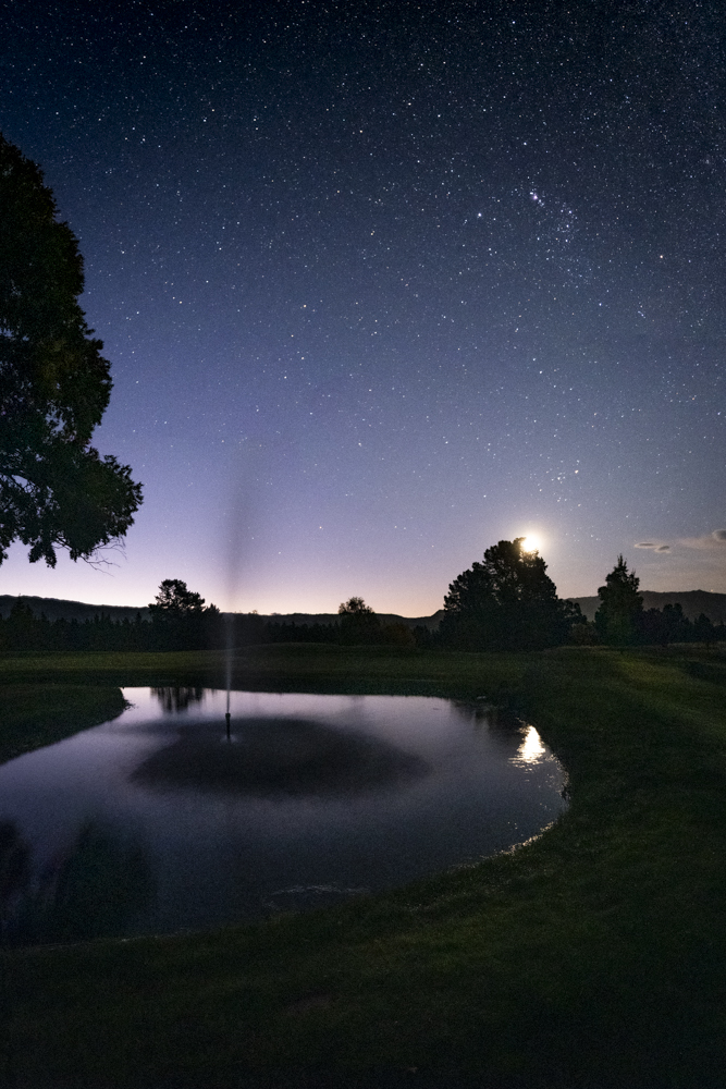 Orion and moon setting at Alexandra Golf Course